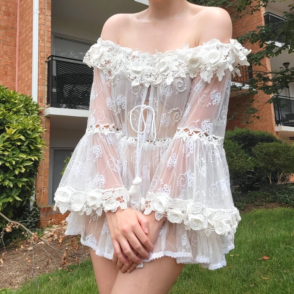 angelic fairycore white lace beaded mini dress - Picture 3 of 14